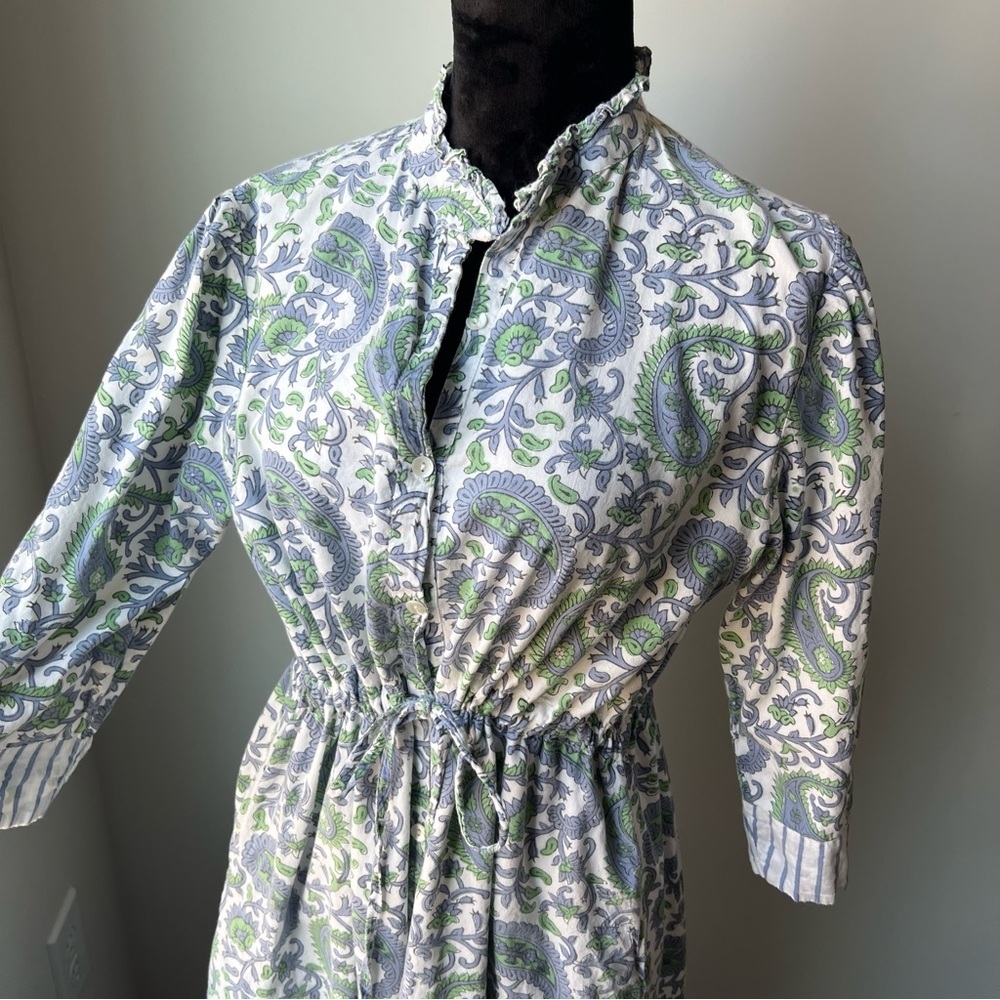Women’s Paisley Drawstring Waist Dress in White, Green & Blue - Picture 6 of 12